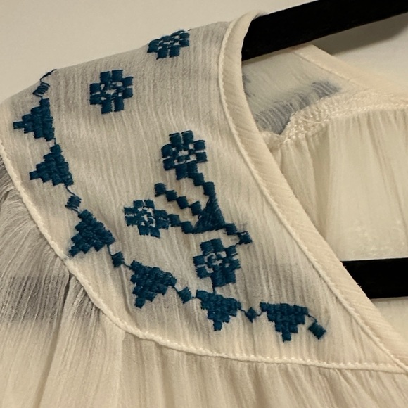 Maurices Boho Embroidered Sheer Peasant Blouse | Ivory & Blue - Picture 4 of 11